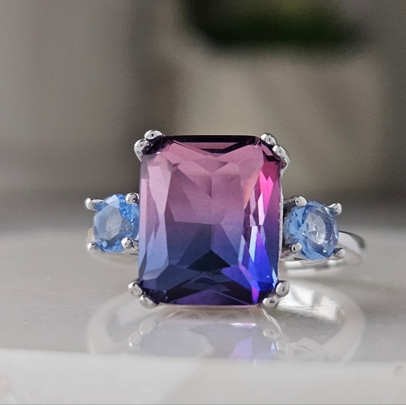 Pink & Purple Emerald Cut Gemstone Ring, 925 Sterling Silver Charmed Aroma - Picture 5 of 7